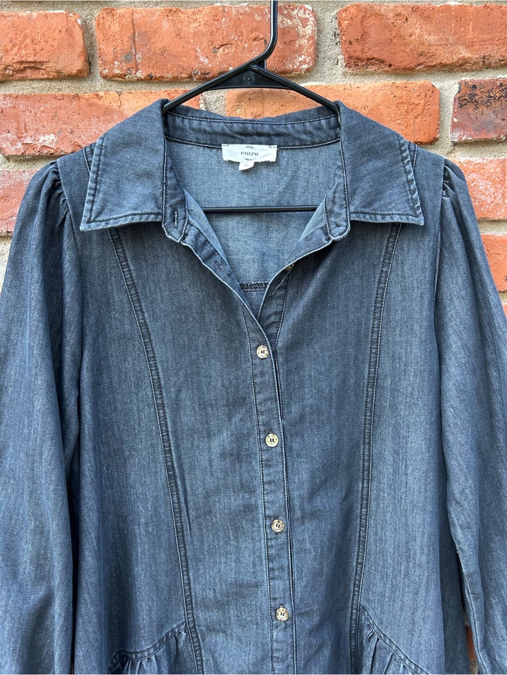 Entro Denim Button-Front Babydoll Dress Long Sleeve Cotton Blend M Gray Pockets - Picture 4 of 7